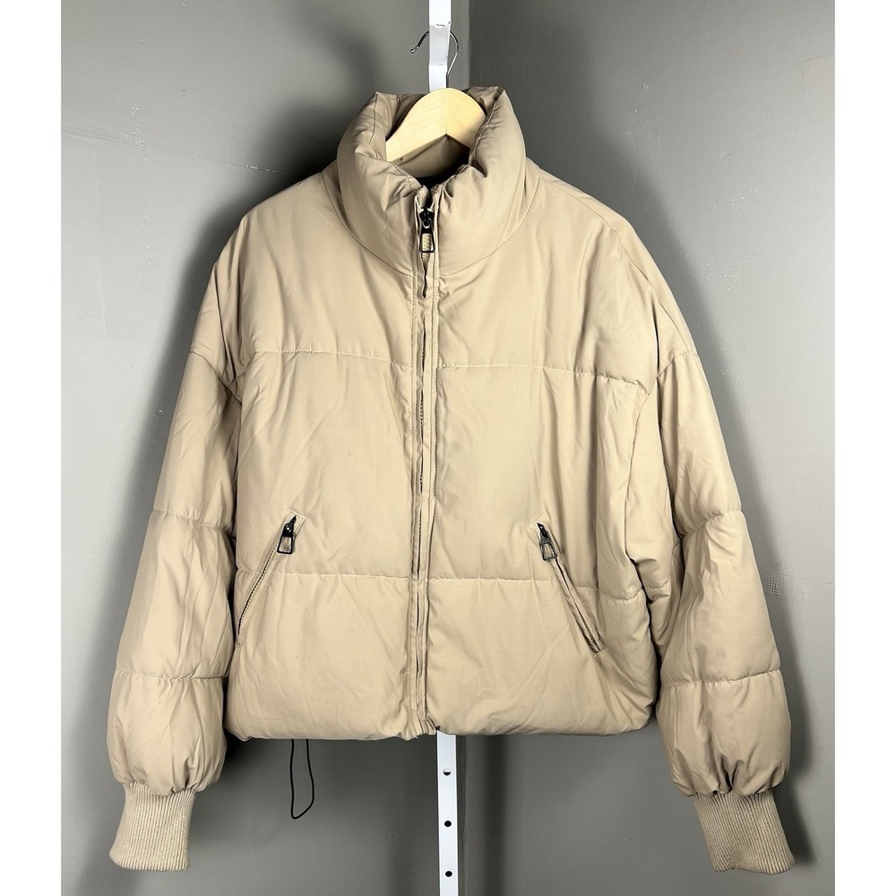 Petal & Pup Beige Cropped Puffer Jacket Women's L Oversized Zip Coat Neutral
